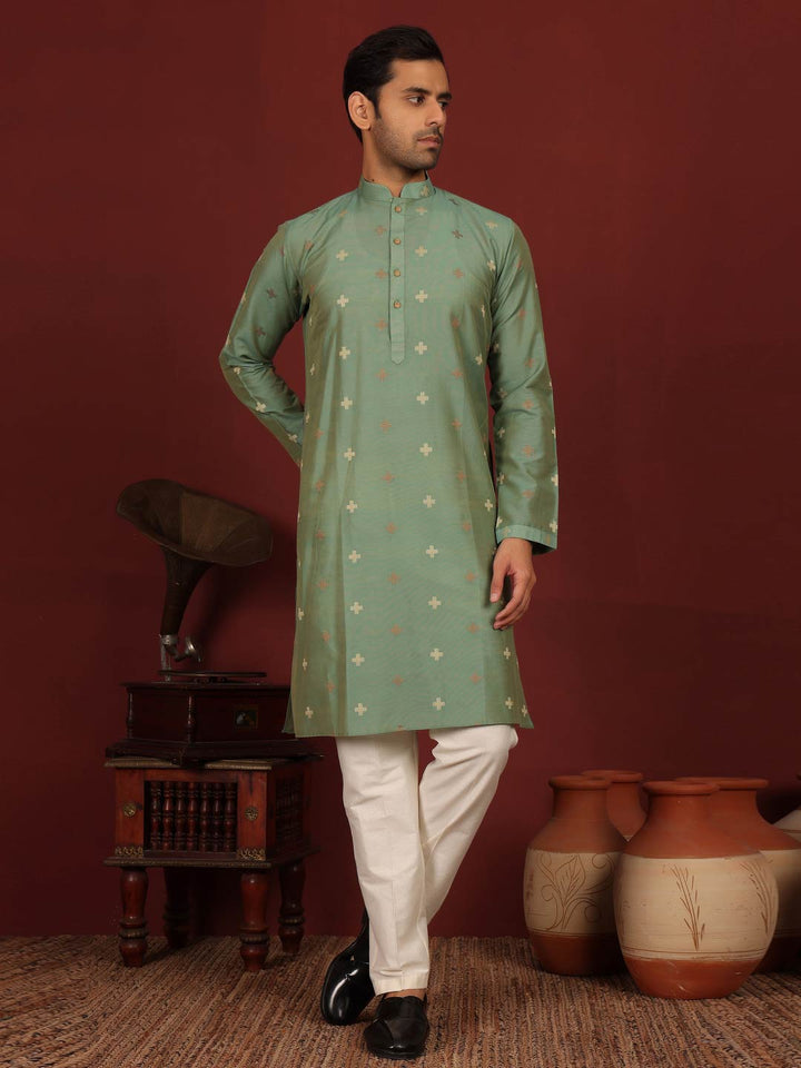 Mineral Green Woven Jacquard Delux Cotton Straight Kurta