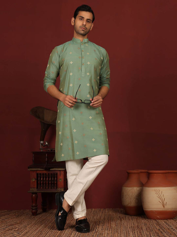 Mineral Green Woven Jacquard Delux Cotton Straight Kurta