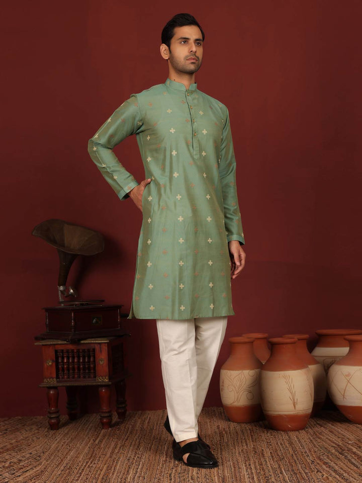 Mineral Green Woven Jacquard Delux Cotton Straight Kurta