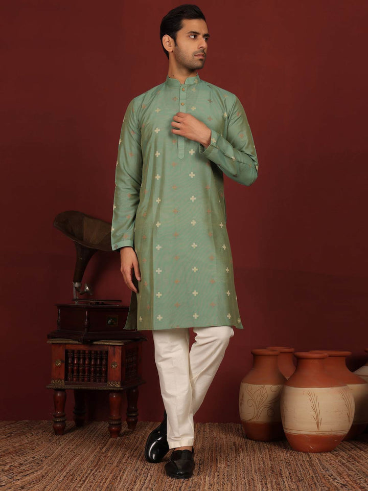 Mineral Green Woven Jacquard Delux Cotton Straight Kurta