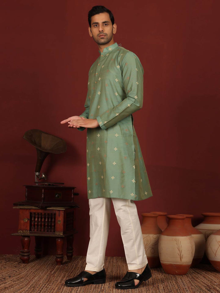 Mineral Green Woven Jacquard Delux Cotton Straight Kurta