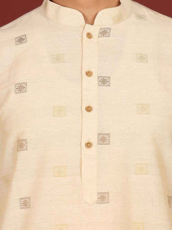 Beige Woven Jacquard Square Motif Delux Cotton Straight Kurta