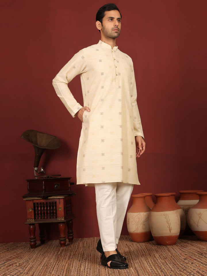 Beige Woven Jacquard Square Motif Delux Cotton Straight Kurta
