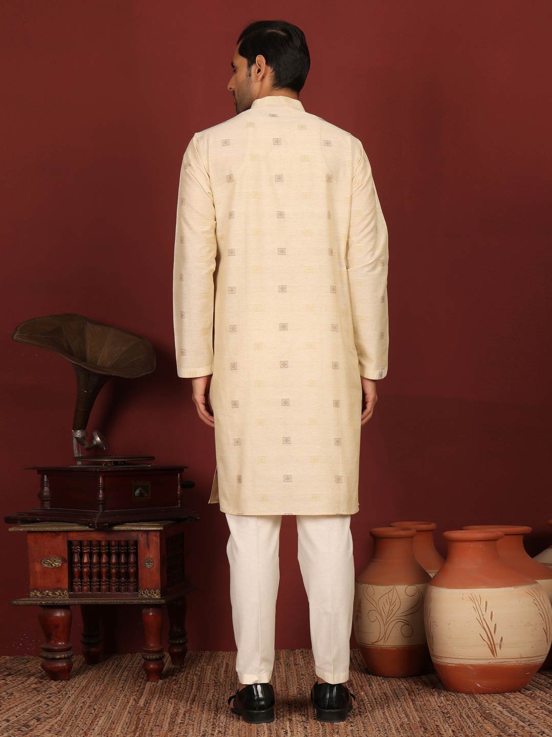 Beige Woven Jacquard Square Motif Delux Cotton Straight Kurta