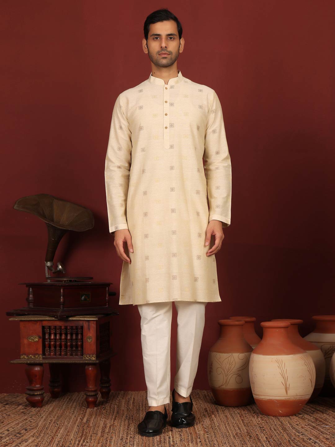 Beige Woven Jacquard Square Motif Delux Cotton Straight Kurta
