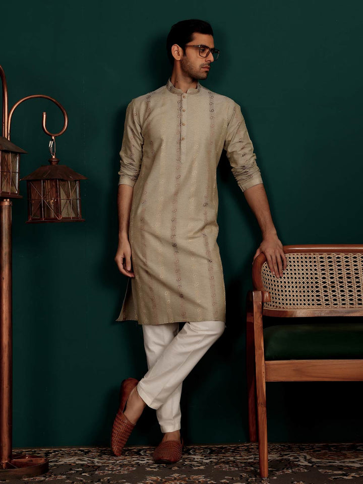 Dark Gray Woven Jacquard Delux Cotton Straight Kurta