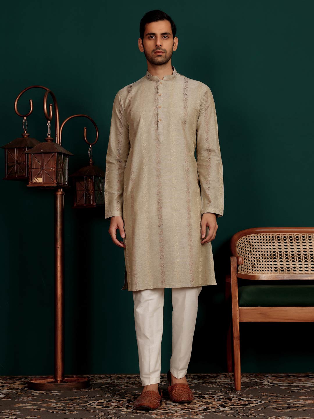 Dark Gray Woven Jacquard Delux Cotton Straight Kurta