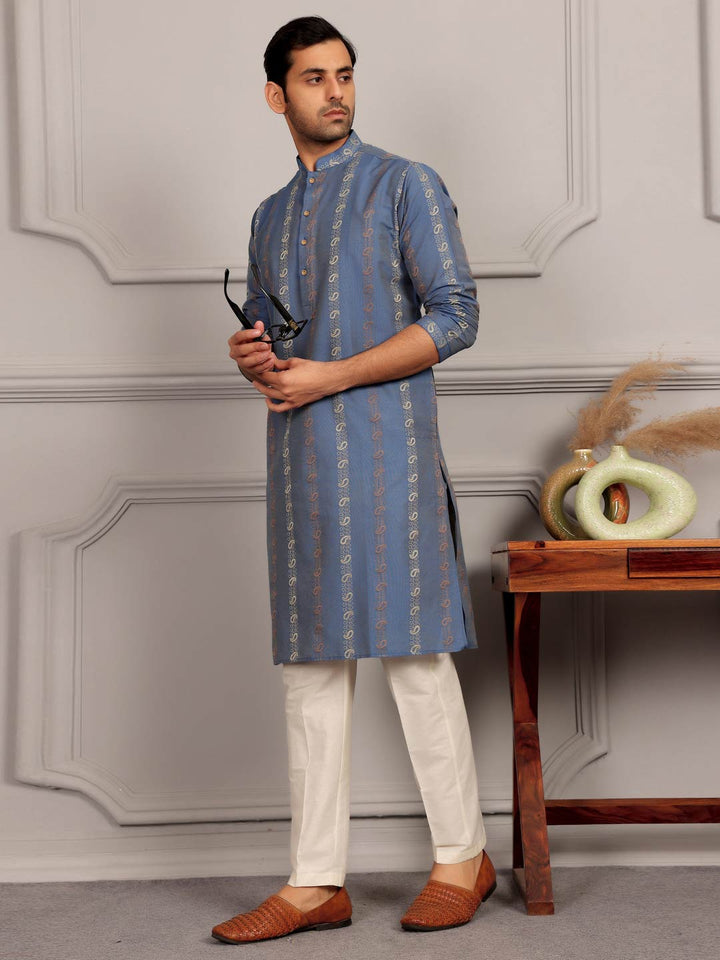 Pastel Blue Woven Jacquard Delux Cotton Straight Kurta
