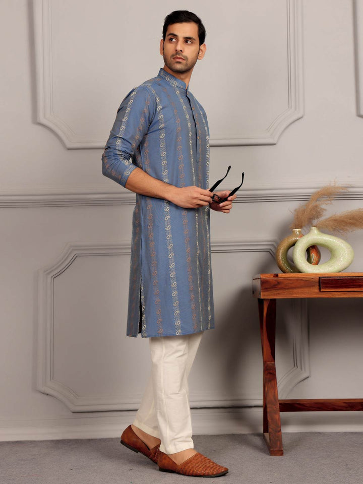 Pastel Blue Woven Jacquard Delux Cotton Straight Kurta
