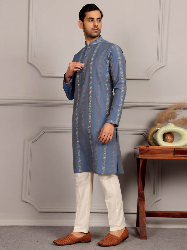 Pastel Blue Woven Jacquard Delux Cotton Straight Kurta