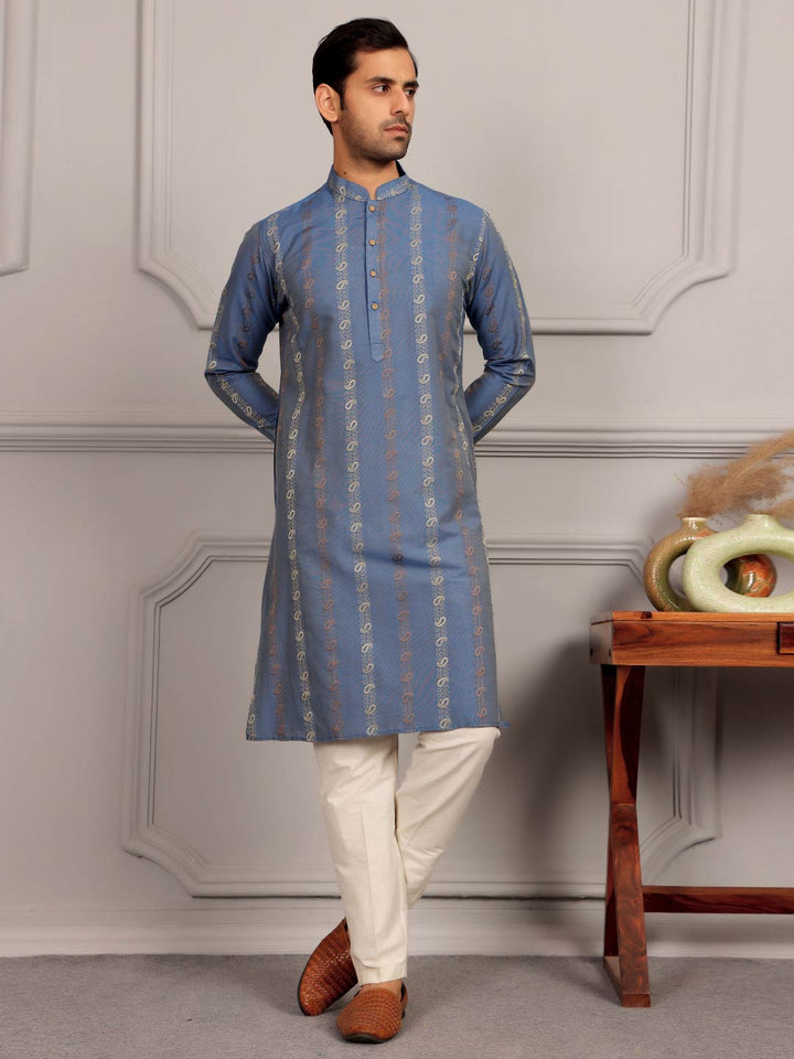 Pastel Blue Woven Jacquard Delux Cotton Straight Kurta