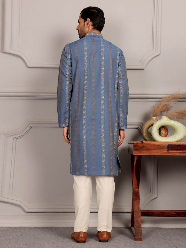 Pastel Blue Woven Jacquard Delux Cotton Straight Kurta