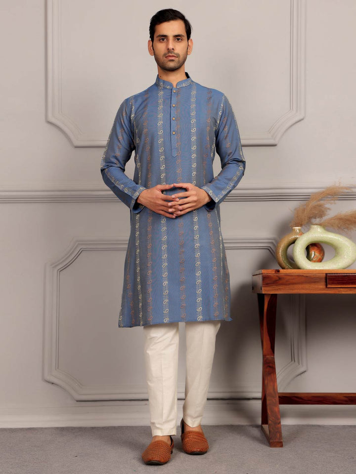 Pastel Blue Woven Jacquard Delux Cotton Straight Kurta