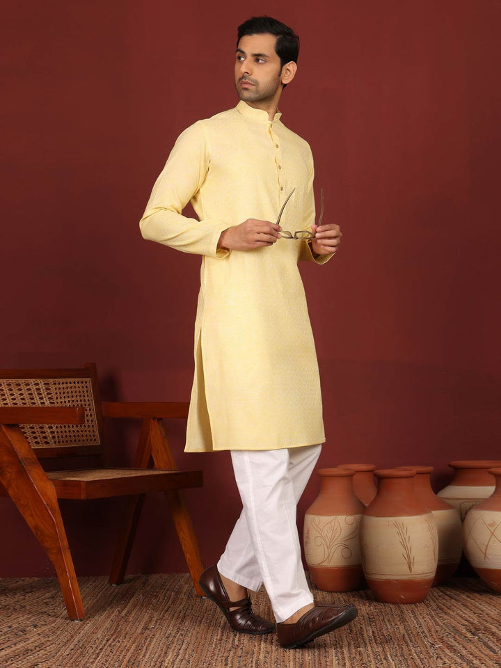 Yellow-Cream Woven Jacquard Delux Cotton Straight Kurta