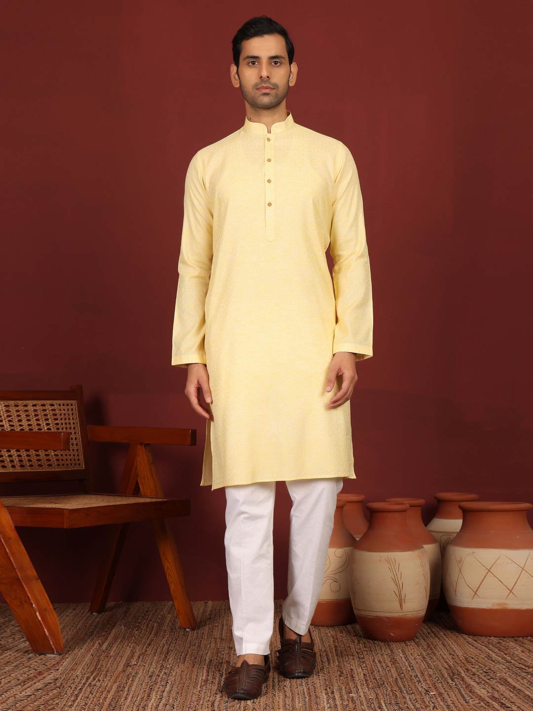Yellow-Cream Woven Jacquard Delux Cotton Straight Kurta