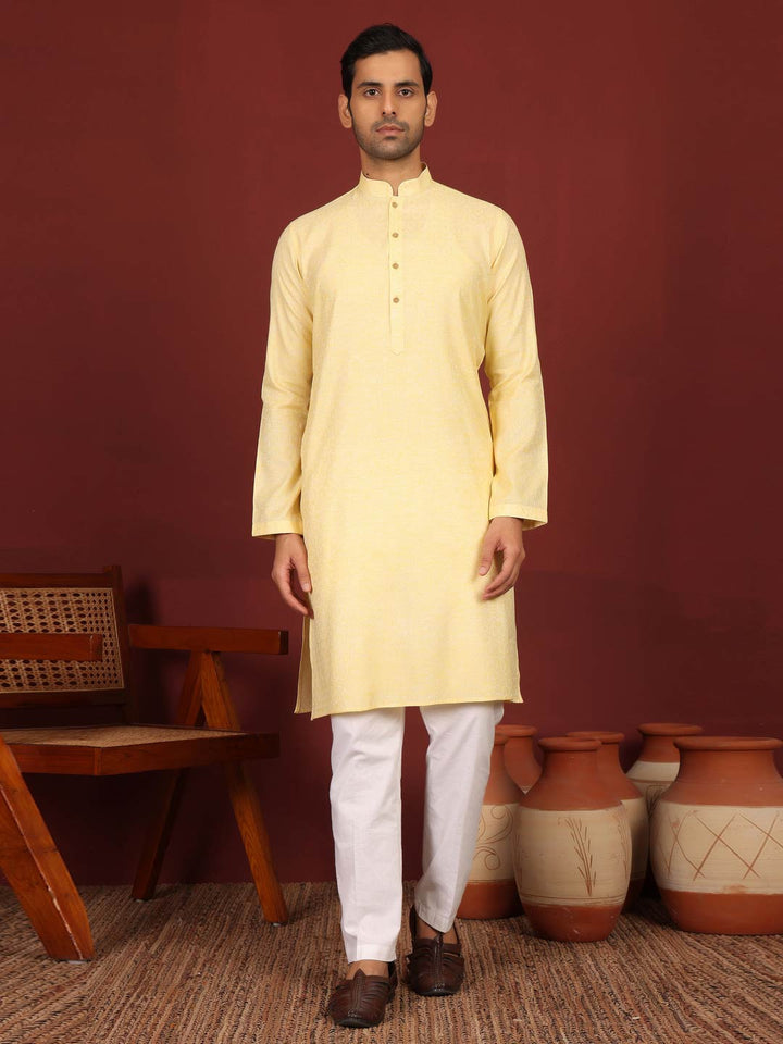 Yellow-Cream Woven Jacquard Delux Cotton Straight Kurta