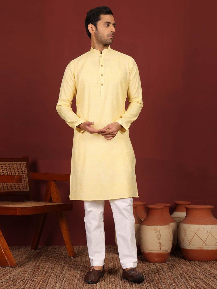 Yellow-Cream Woven Jacquard Delux Cotton Straight Kurta