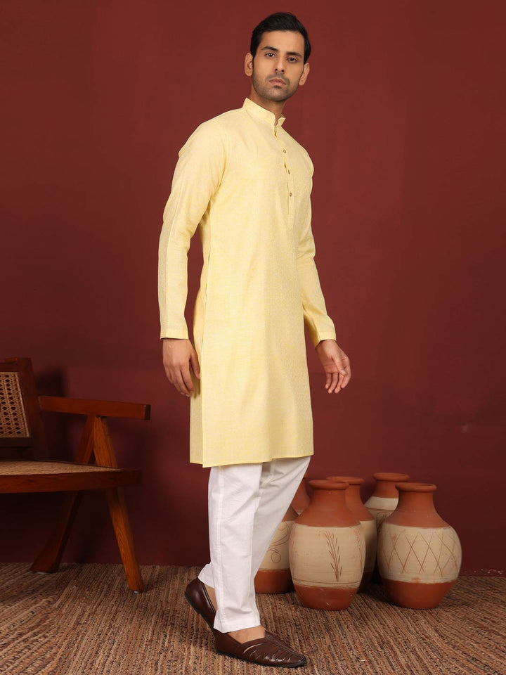 Yellow-Cream Woven Jacquard Delux Cotton Straight Kurta