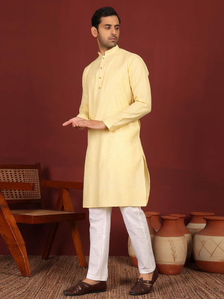 Yellow-Cream Woven Jacquard Delux Cotton Straight Kurta