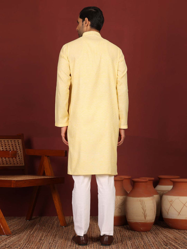 Yellow-Cream Woven Jacquard Delux Cotton Straight Kurta