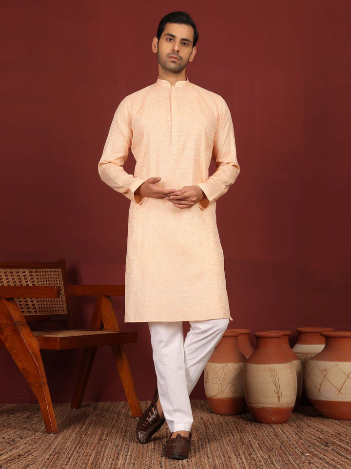 Peach-Cream Woven Jacquard Delux Cotton Straight Kurta