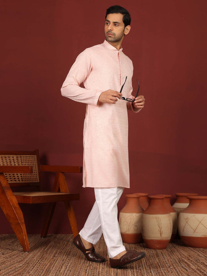 Pink-Cream Woven Jacquard Delux Cotton Straight Kurta