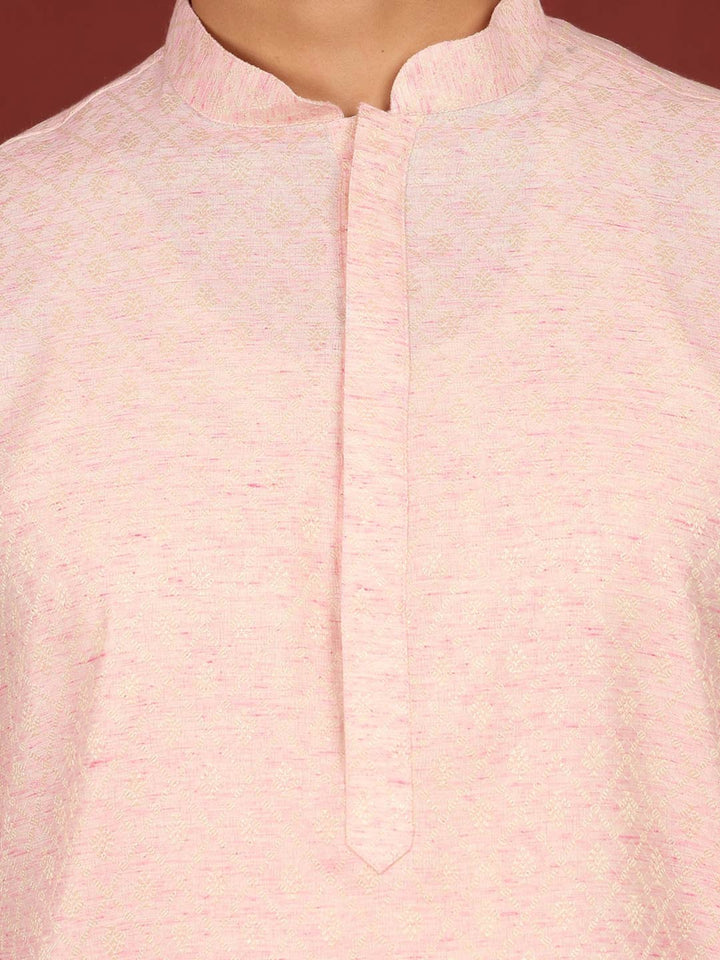 Pink-Cream Woven Jacquard Delux Cotton Straight Kurta