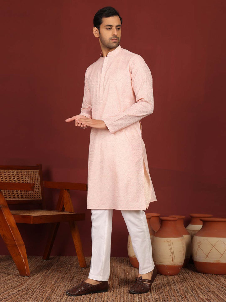 Pink-Cream Woven Jacquard Delux Cotton Straight Kurta
