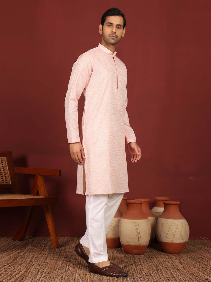 Pink-Cream Woven Jacquard Delux Cotton Straight Kurta