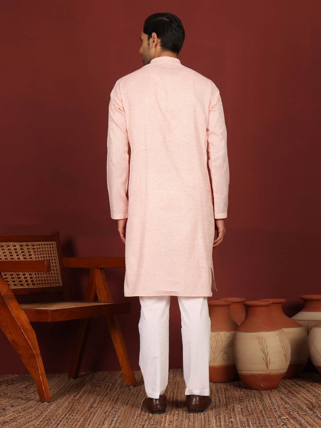 Pink-Cream Woven Jacquard Delux Cotton Straight Kurta