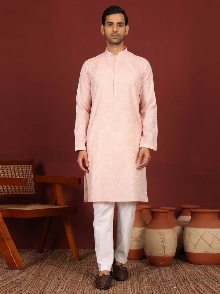 Pink-Cream Woven Jacquard Delux Cotton Straight Kurta