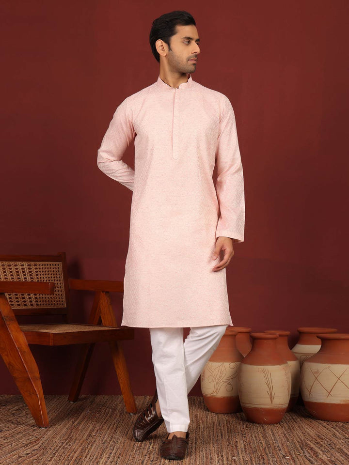 Pink-Cream Woven Jacquard Delux Cotton Straight Kurta