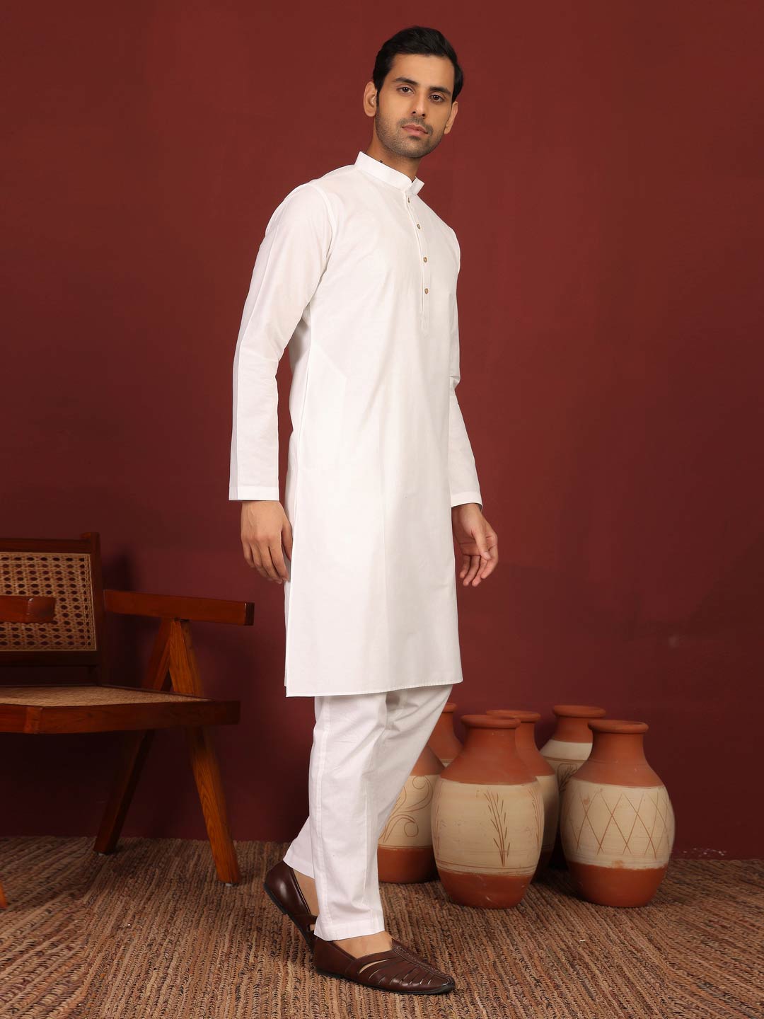 White Delux Cotton Solid Straight Kurta