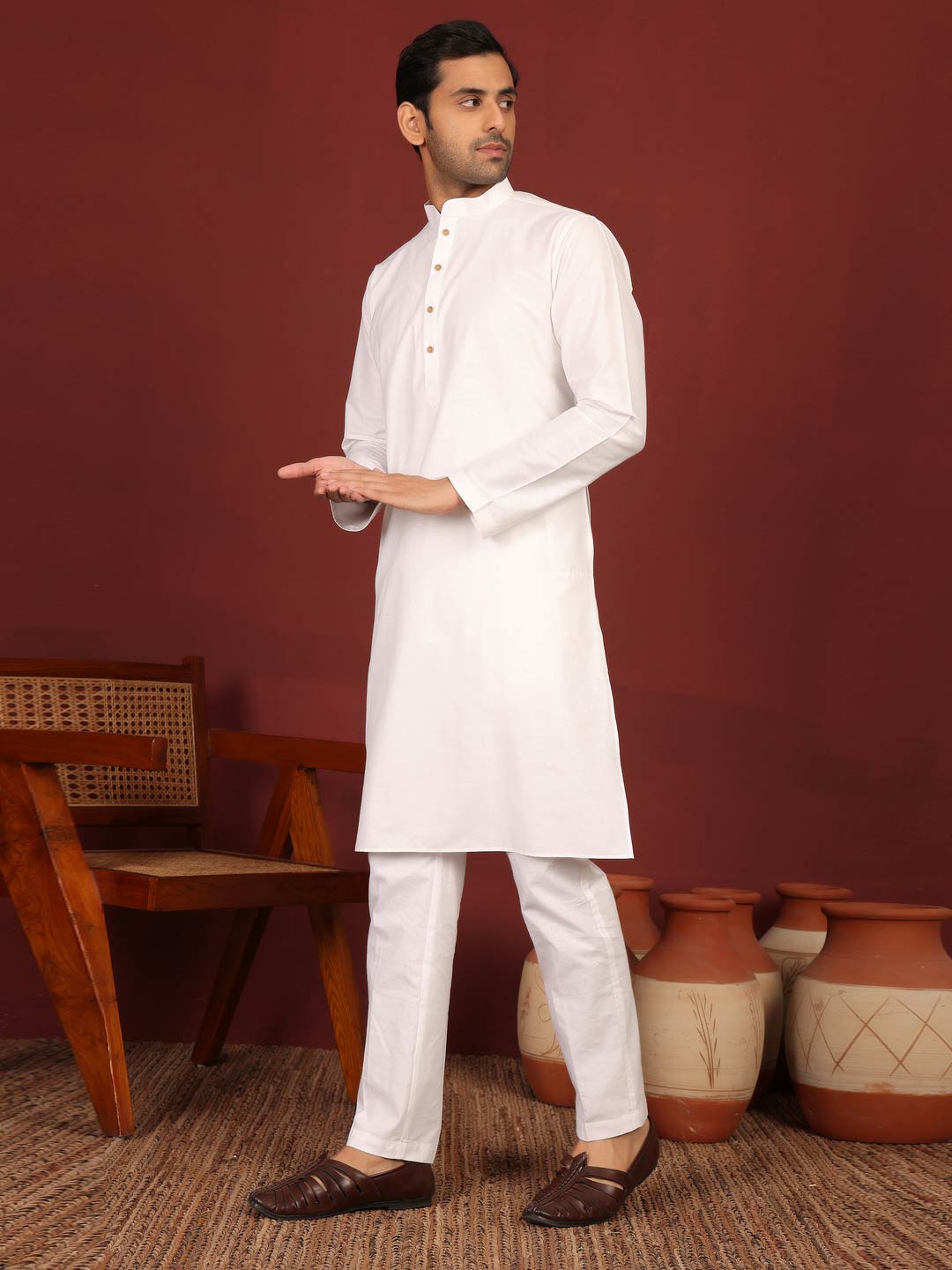 White Delux Cotton Solid Straight Kurta