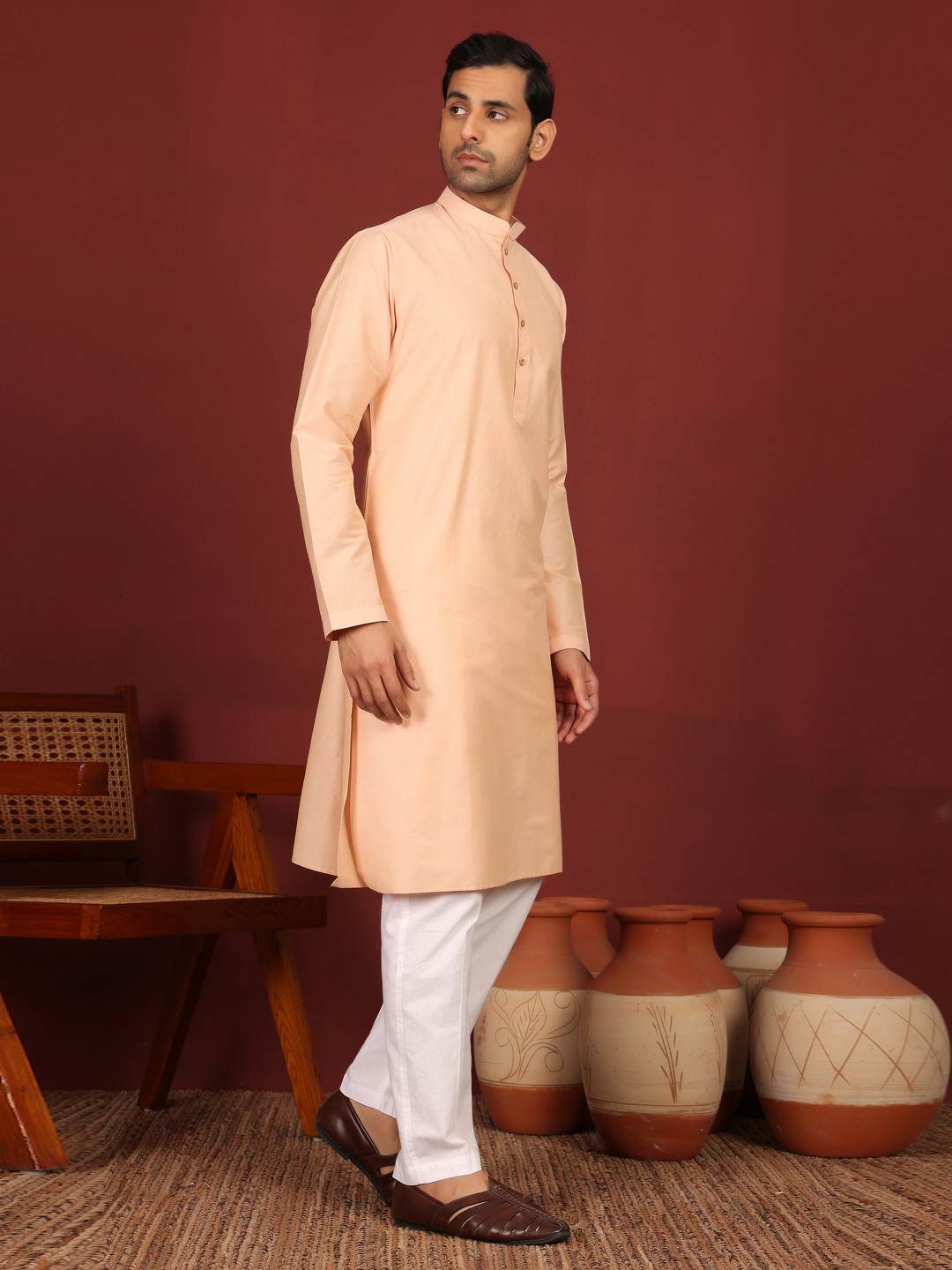 Peach Delux Cotton Solid Straight Kurta