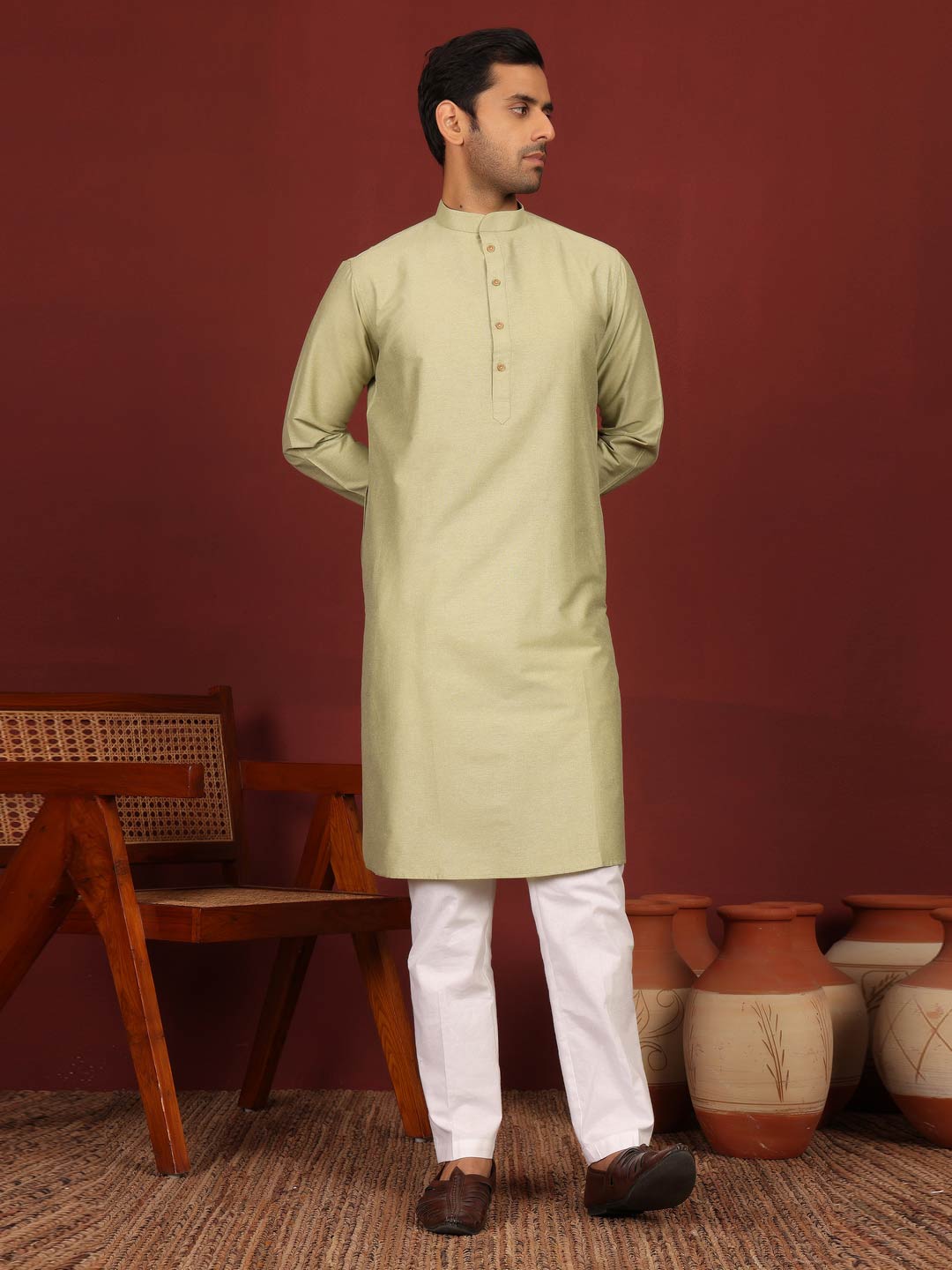 Pistachio Green Delux Cotton Solid Straight Kurta