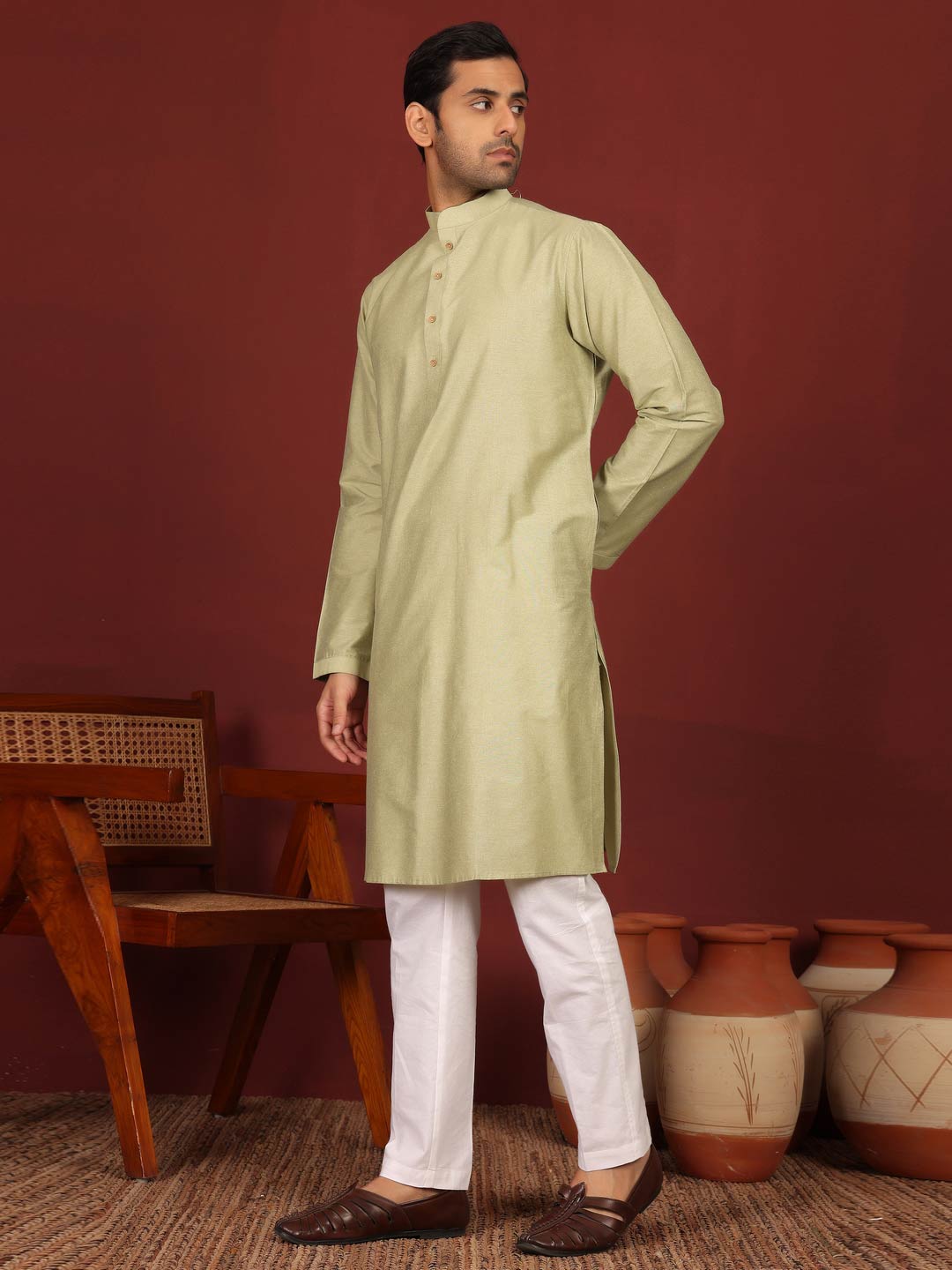 Pistachio Green Delux Cotton Solid Straight Kurta