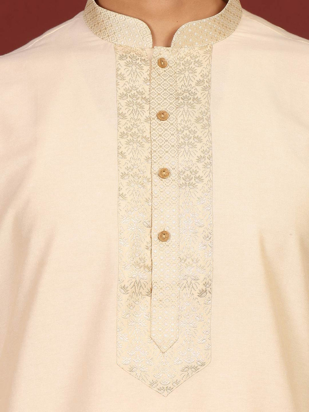 Buttermilk Cream Delux Cotton Straight Kurta with Jacquard Neck Design – Cream