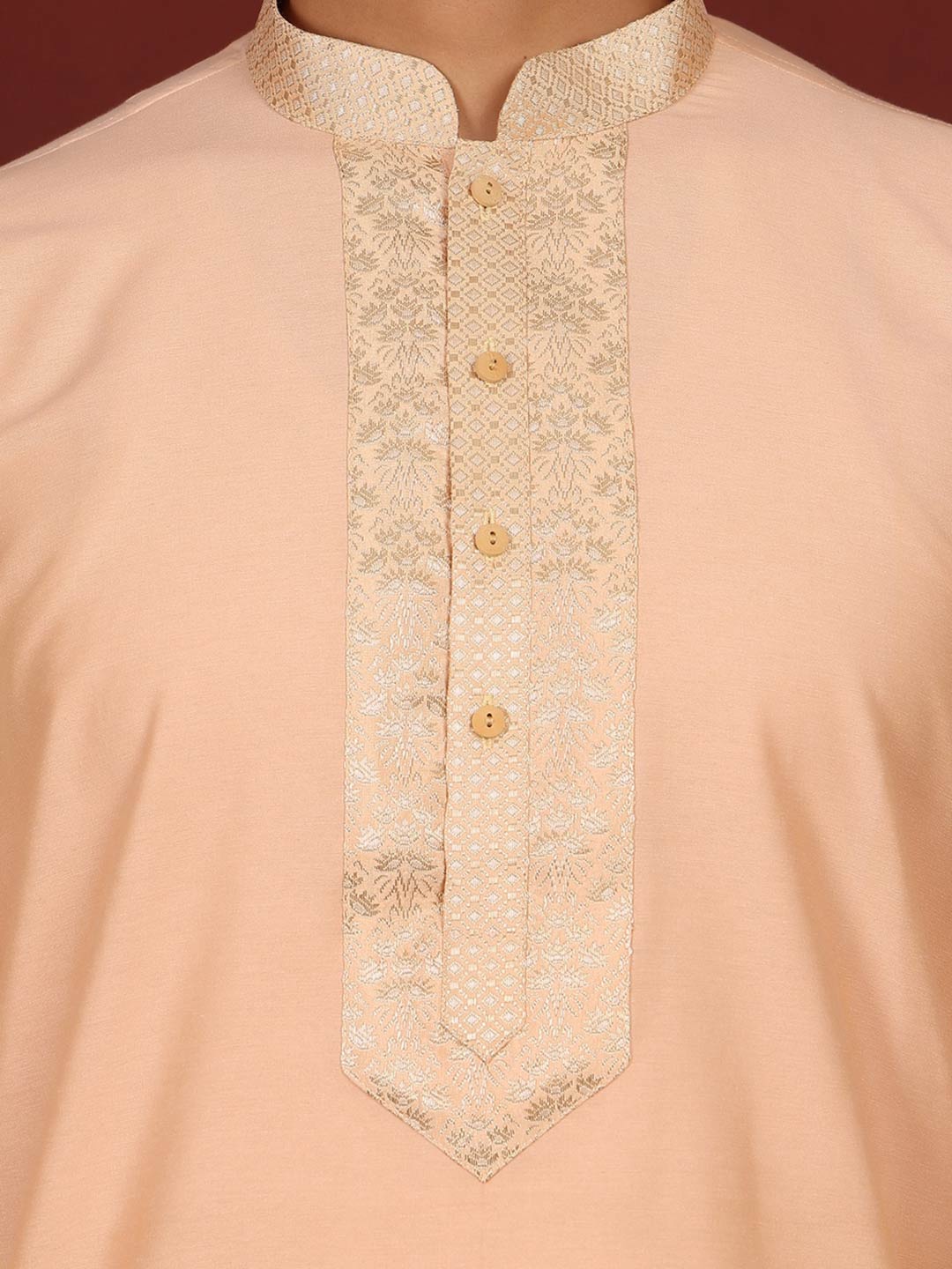 Peach Delux Cotton Straight Kurta with Jacquard Neck Design