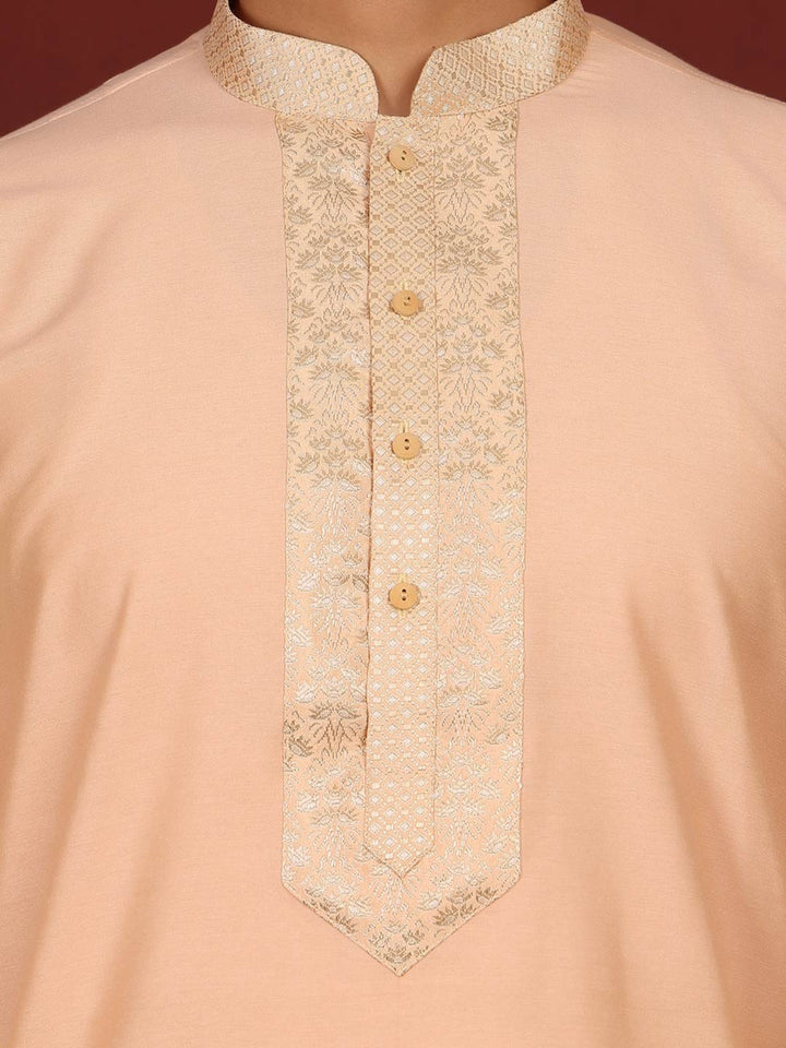 Peach Delux Cotton Straight Kurta with Jacquard Neck Design