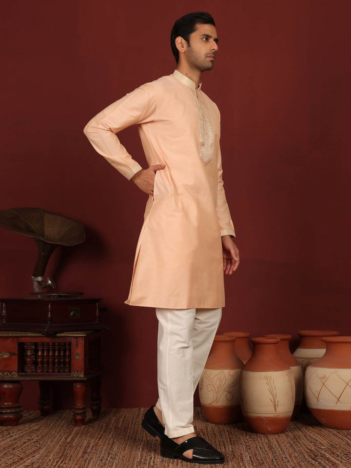 Peach Delux Cotton Straight Kurta with Jacquard Neck Design