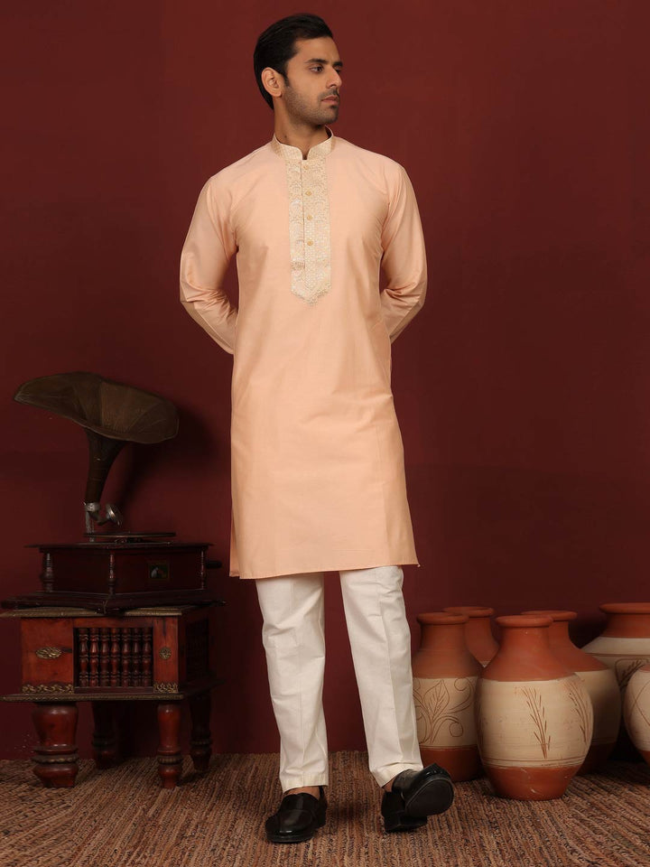 Peach Delux Cotton Straight Kurta with Jacquard Neck Design