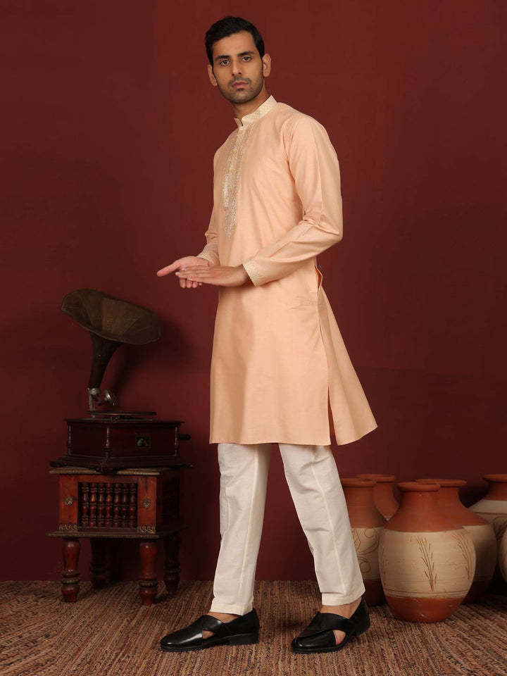 Peach Delux Cotton Straight Kurta with Jacquard Neck Design