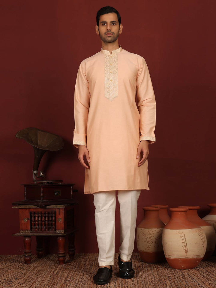 Peach Delux Cotton Straight Kurta with Jacquard Neck Design