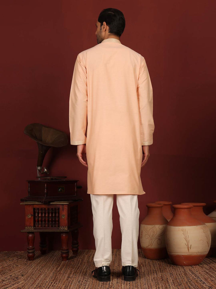 Peach Delux Cotton Straight Kurta with Jacquard Neck Design