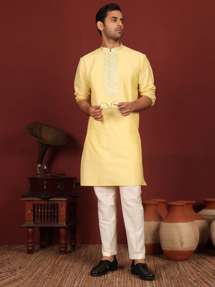 Light Yellow Delux Cotton Straight Kurta with Jacquard Neck Design