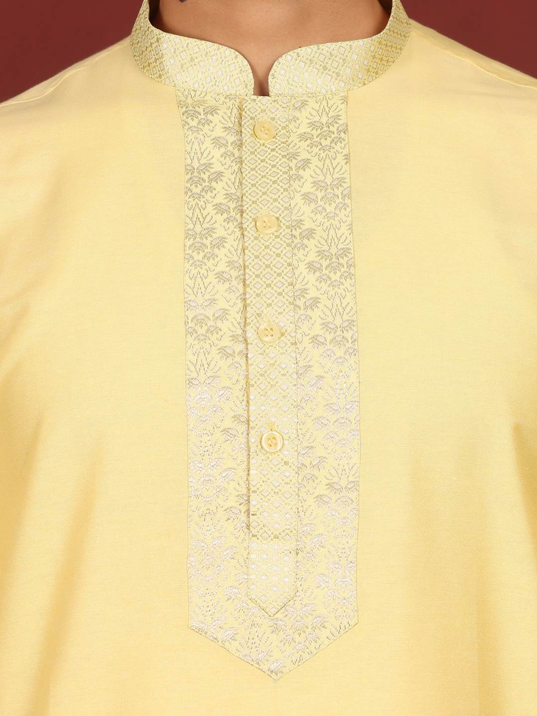 Light Yellow Delux Cotton Straight Kurta with Jacquard Neck Design