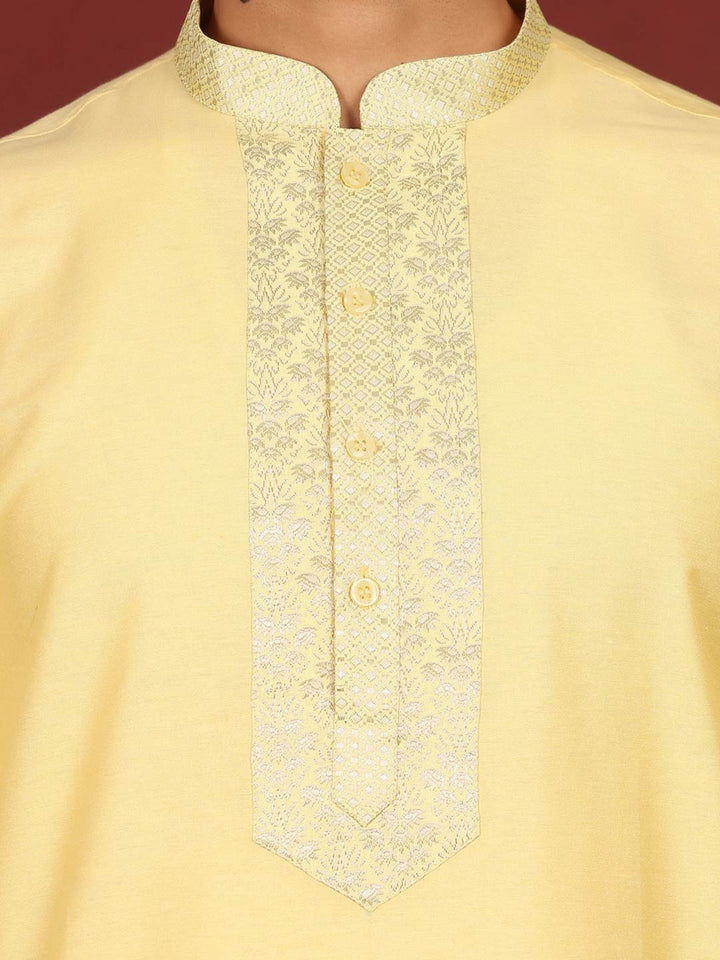Light Yellow Delux Cotton Straight Kurta with Jacquard Neck Design