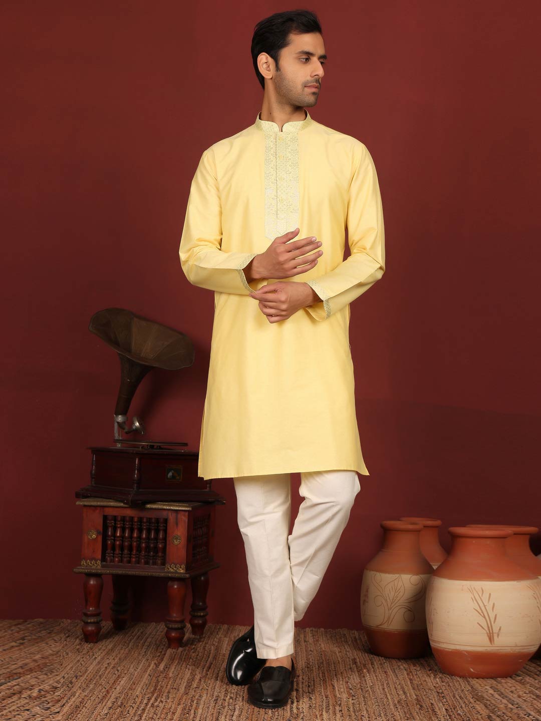 Light Yellow Delux Cotton Straight Kurta with Jacquard Neck Design