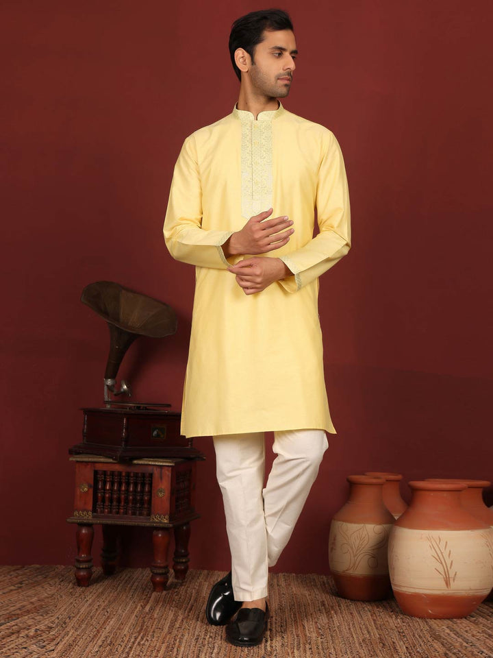 Light Yellow Delux Cotton Straight Kurta with Jacquard Neck Design